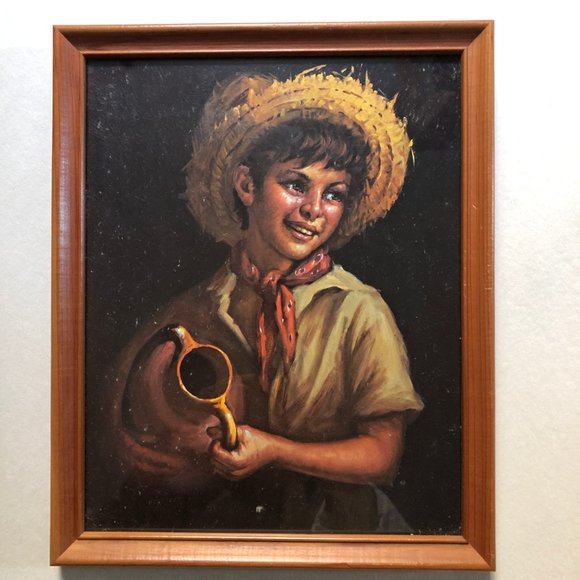 Country boy print on board wood frame small boy straw hat water jar wall hanging - Picture 2 of 5